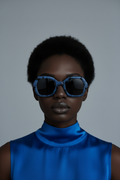 Indigo Hex Shades - model front view editorial